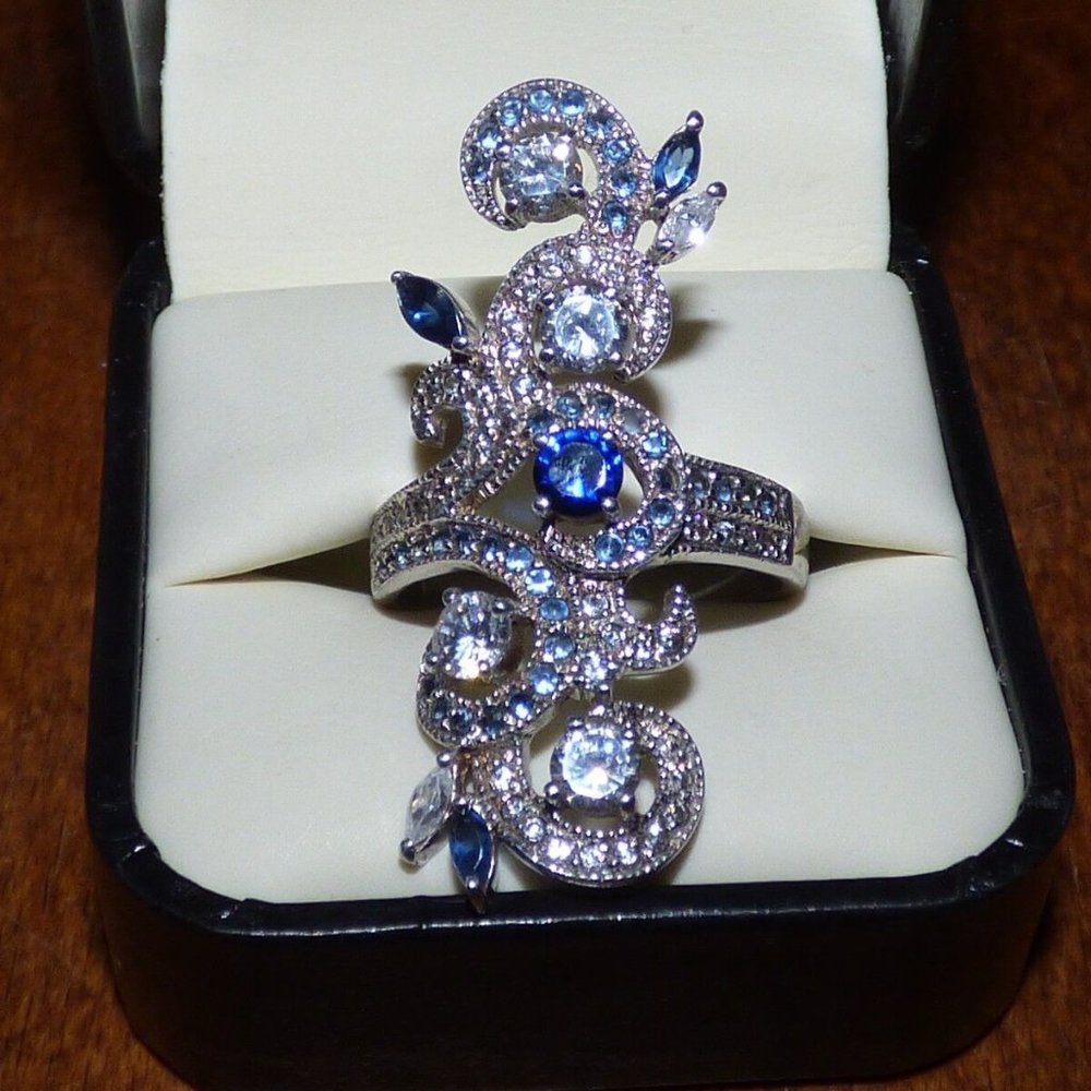 PALM BEACH SS BLUE SAPPHIRE & CUBIC ZIRCONIA PAVE RING 3.81 CTS SZ 10